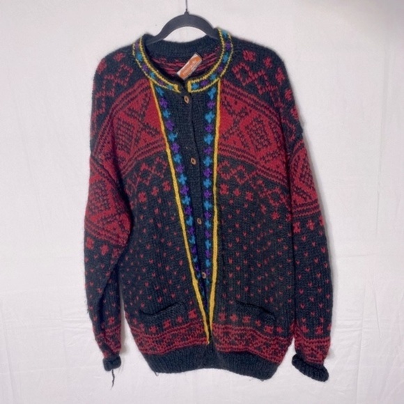 Vintage Namaste Woolens Handmade Wool Jacquard Knit Crew Neck Button Cardigan XL - Picture 1 of 13